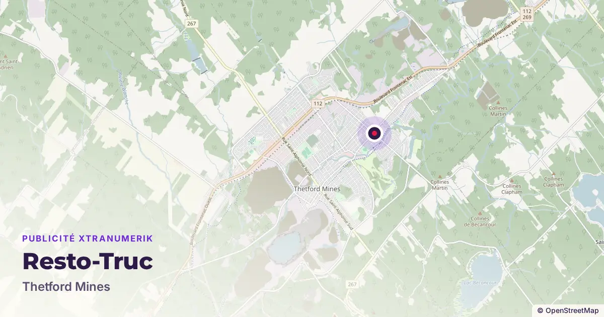 Map: location of the Resto-Truc advertising screen in Thetford Mines, with other network locations nearby
