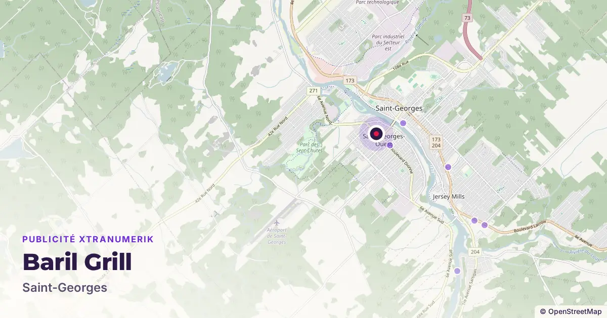 Carte : emplacement de l’écran publicitaire Baril Grill à Saint-Georges, avec les autres lieux du réseau à proximité