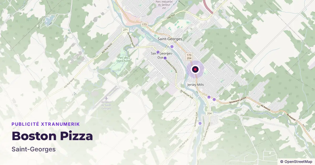 Carte : emplacement de l’écran publicitaire Boston Pizza à Saint-Georges, avec les autres lieux du réseau à proximité