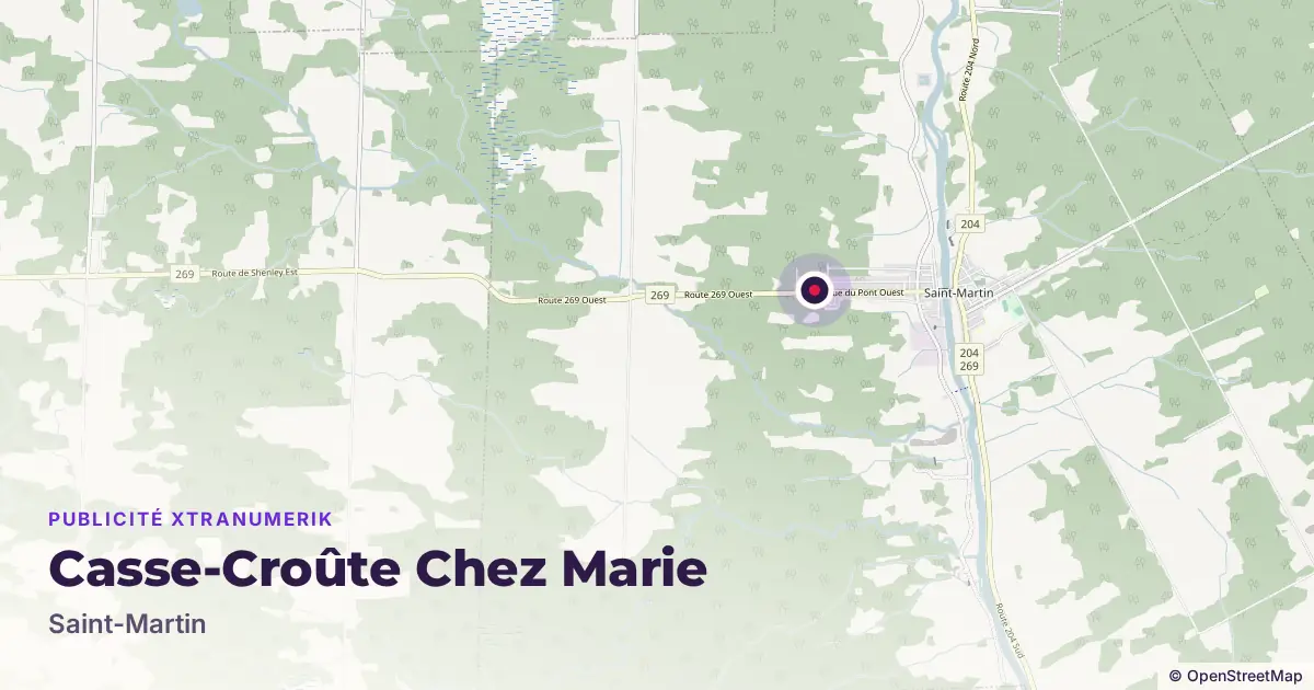 Carte : emplacement de l’écran publicitaire Casse-Croûte Chez Marie à Saint-Martin, avec les autres lieux du réseau à proximité