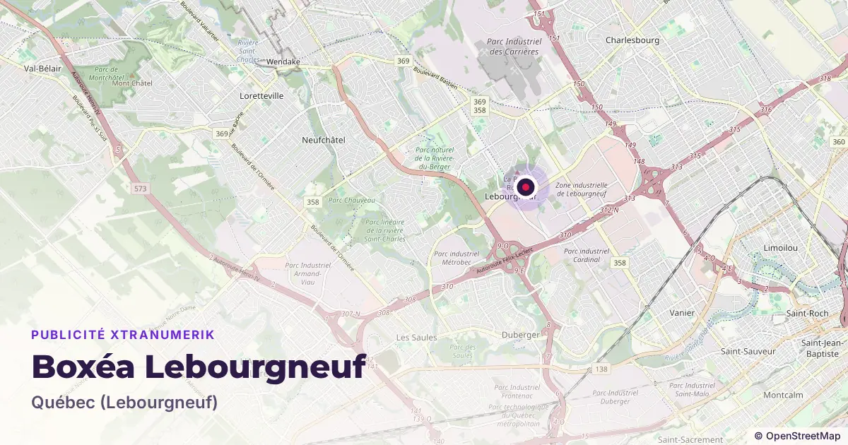 Map: location of the Boxéa Lebourgneuf advertising screen in Québec (Lebourgneuf), with other network locations nearby