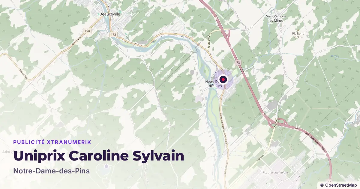 Map: location of the Uniprix Caroline Sylvain advertising screen in Notre-Dame-des-Pins, with other network locations nearby